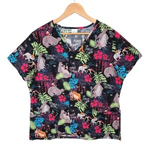Women's Disney The Jungle Book All Over Print Cotton V-Neck Scrub Top Large